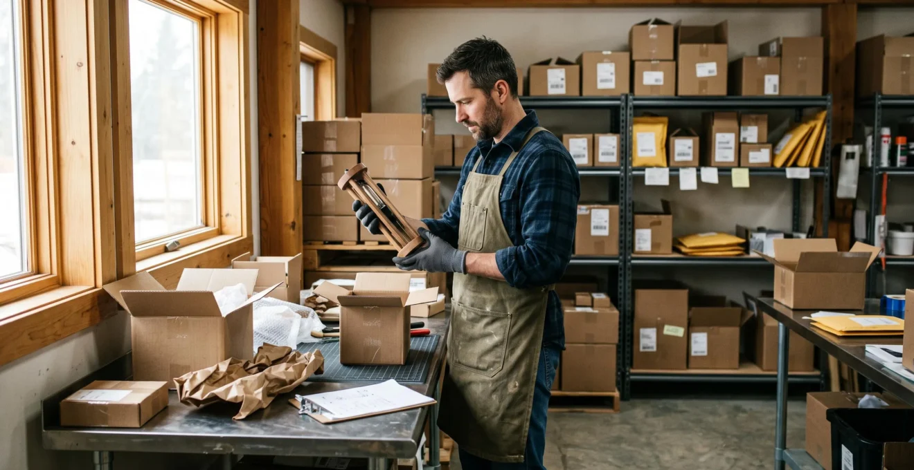 A quality control agent inspects a product near packed boxes in a small fulfillment workspace.