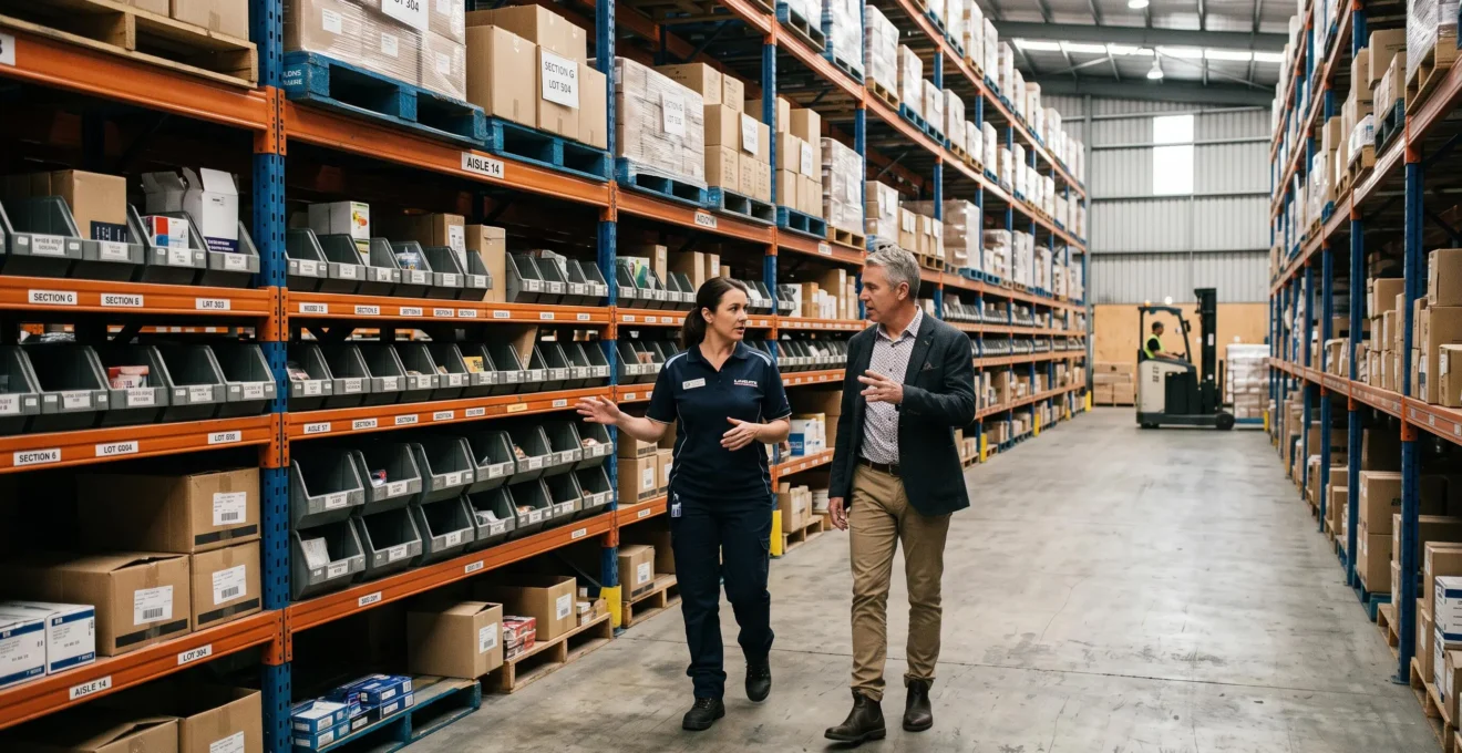 A store owner and a warehouse manager walk past inventory racks in a 3PL facility.
